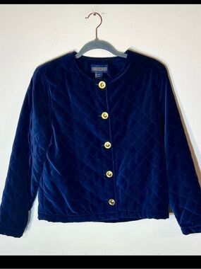 Herman Geist Navy Blue Quilted Velvet Vintage Jacket with Gold Buttons Medium